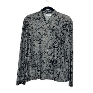 Chico’s Travelers gray and black paisley jeweled button blazer jacket size 2